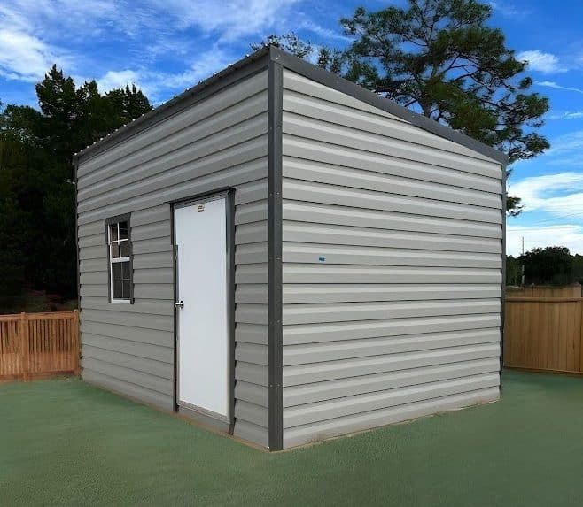Americana Single Slope Storage Shed: A classic shed featuring a sloped roof design, providing ample storage space for gardening tools, outdoor equipment, and more. The shed stands against a lush backyard backdrop, exuding a charming rustic vibe.